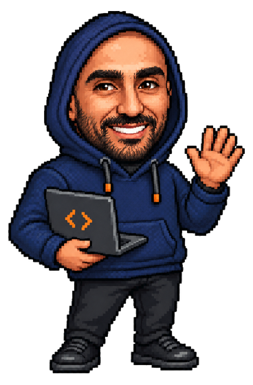 Pixel-art Zakaria in a navy hoodie, waving with a laptop