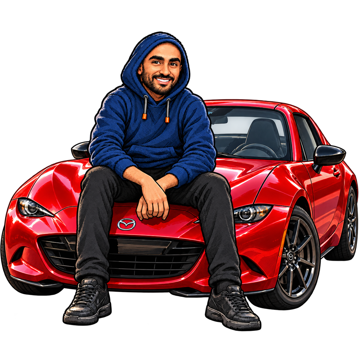 Zakaria in a navy hoodie, sitting on a Soul Red Crystal Mazda MX-5 RF