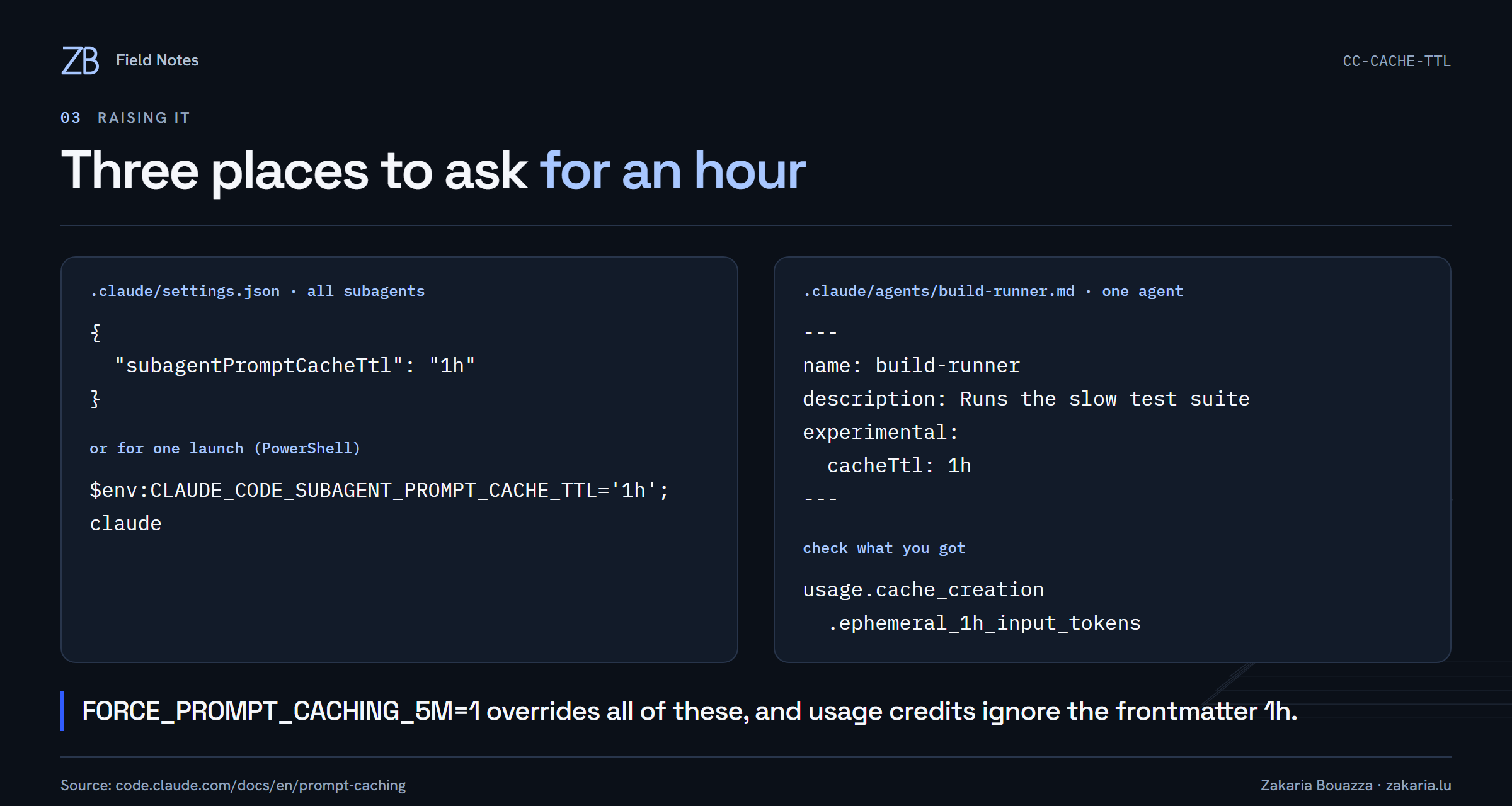Three ways to set a one-hour subagent cache TTL: the subagentPromptCacheTtl setting, the CLAUDE_CODE_SUBAGENT_PROMPT_CACHE_TTL environment variable, and an experimental cacheTtl field in a subagent's frontmatter.