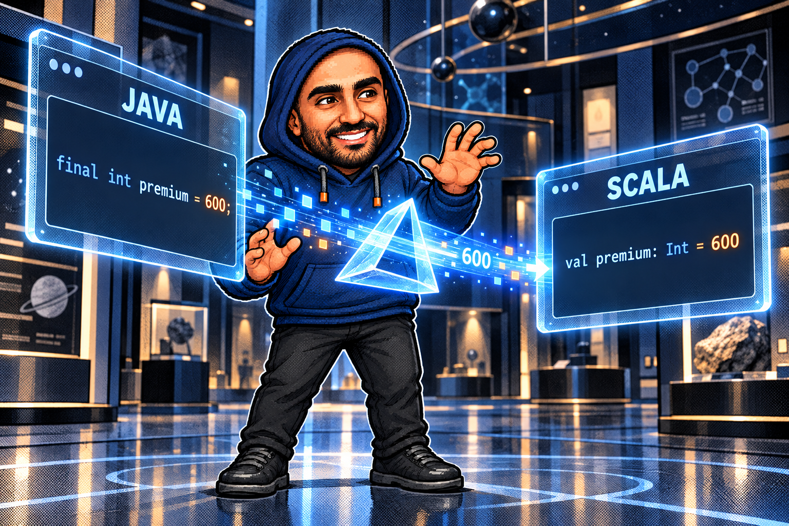 Zakaria in his navy hoodie watches a Java final int declaration transform into a Scala val declaration while preserving the value 600.