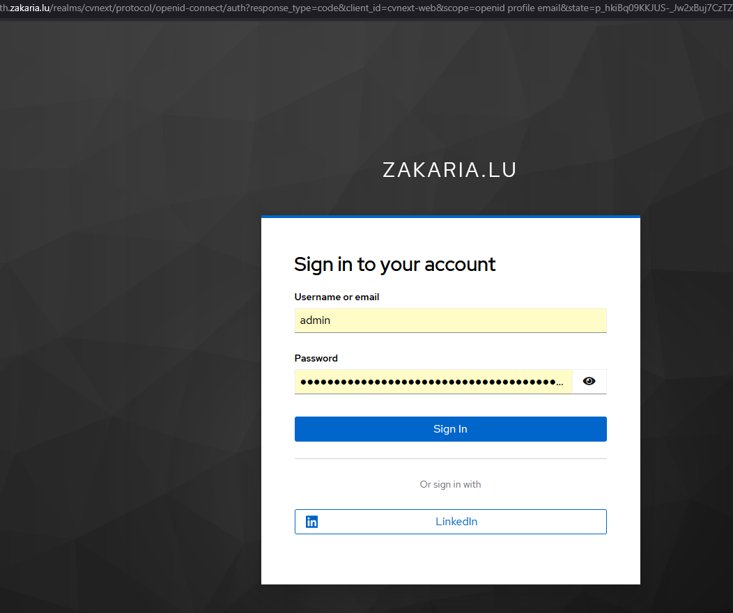 Keycloak sign-in page showing username and password fields above a LinkedIn sign-in button