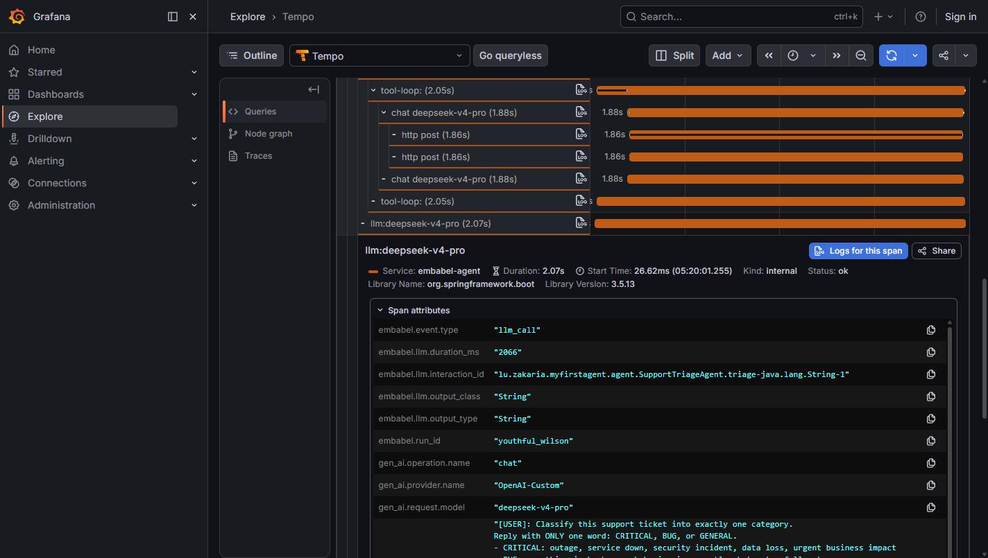 Span attributes panel showing embabel.event.type llm_call, embabel.llm.duration_ms 2066, embabel.llm.interaction_id, embabel.run_id, gen_ai.operation.name chat, gen_ai.provider.name OpenAI-Custom, gen_ai.request.model deepseek-v4-pro