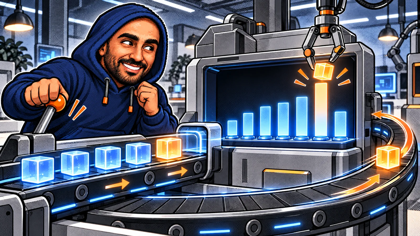 Zakaria pulling a lever on a loop where a GPT machine emits score bars, a claw picks the tallest, and its token cube is appended to the input conveyor
