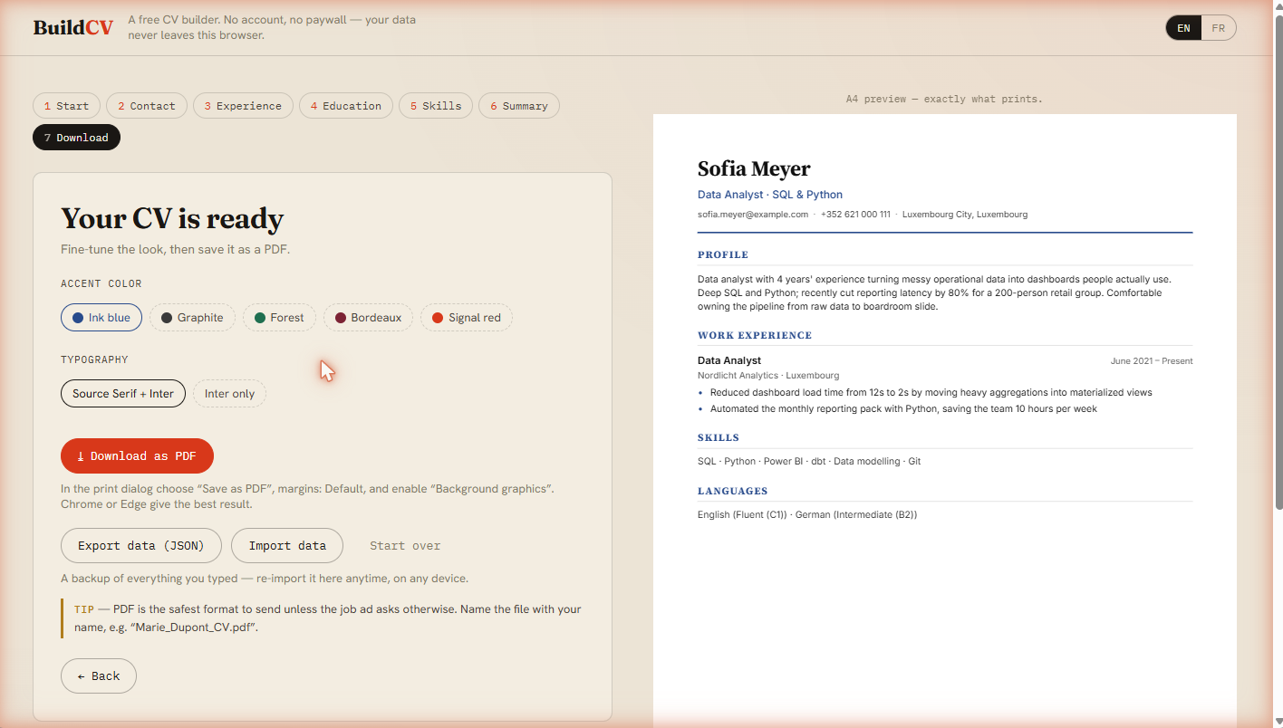 Download step: accent colors, typography pairs, PDF download and JSON export
