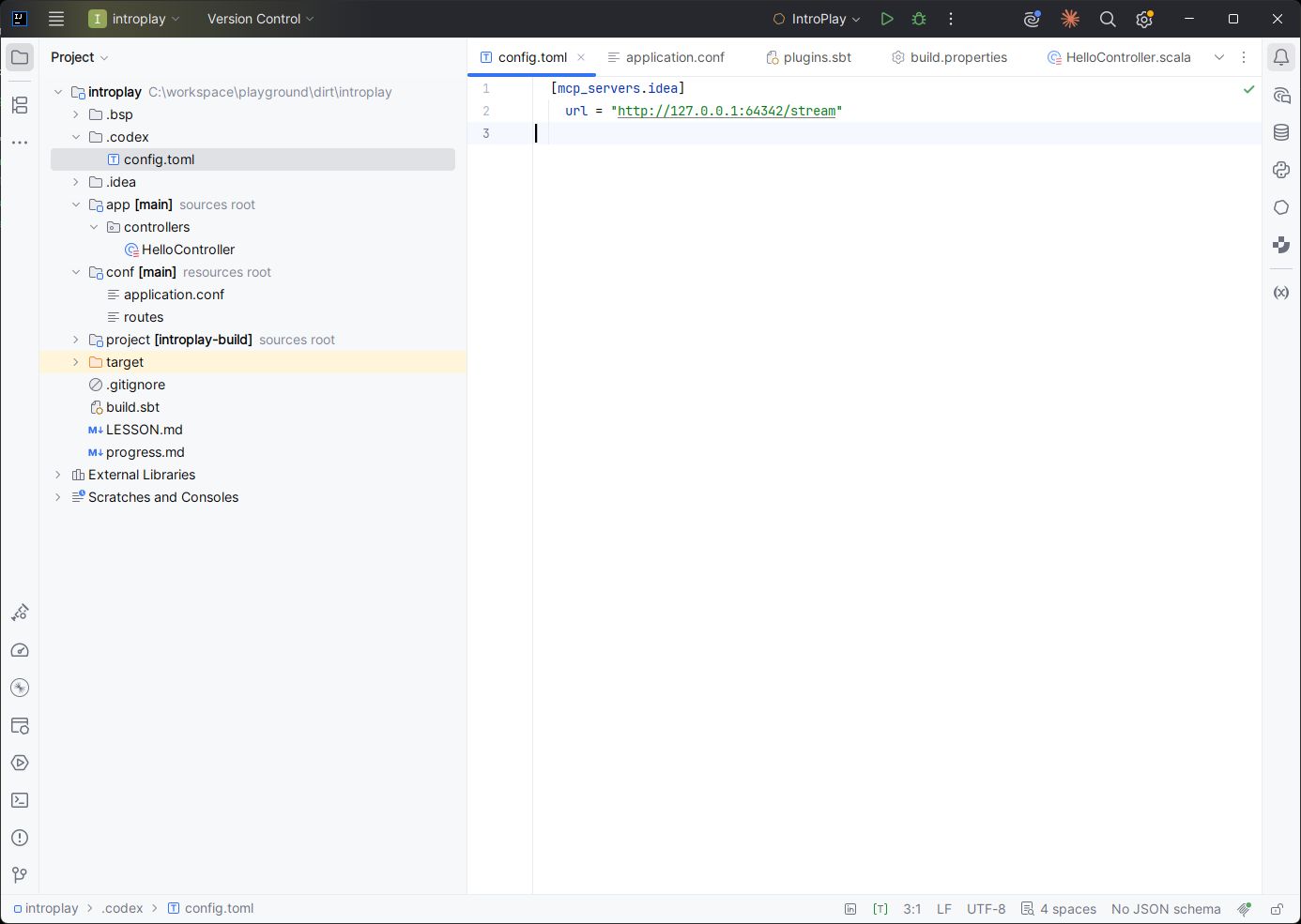 IntelliJ IDEA showing the project-level Codex MCP configuration beside the Play project tree