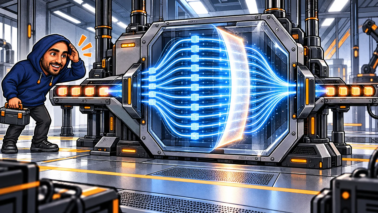 Zakaria watching four signal cubes expand into sixteen parallel channels, pass through a curved activation membrane, and contract back to four