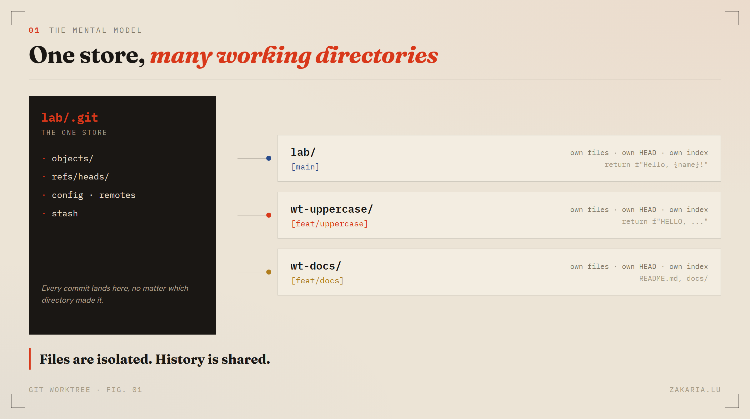 Diagram: one .git store containing objects, refs, config and stash, linked to three working directories each on its own branch with its own HEAD and index.