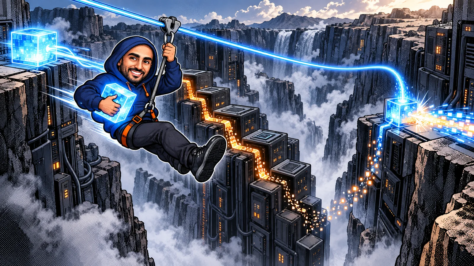 Zakaria zip-lining a glowing original signal over a canyon of processing layers before it rejoins the transformed path