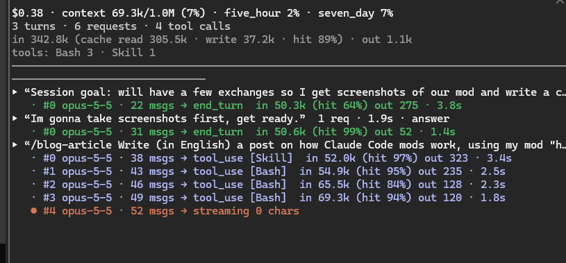 The pane during a skill run: four tool_use requests (Skill, then Bash three times) and a fifth request still streaming