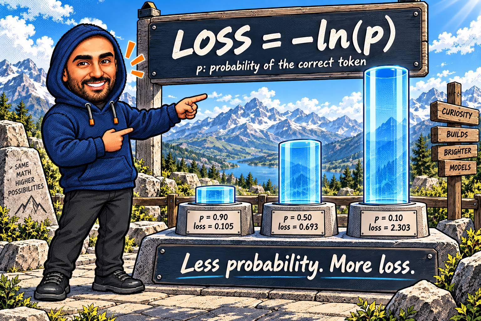Zakaria’s navy-hoodie mascot beside three outdoor loss towers: correct-token probabilities 0.90, 0.50 and 0.10 produce losses 0.105, 0.693 and 2.303.