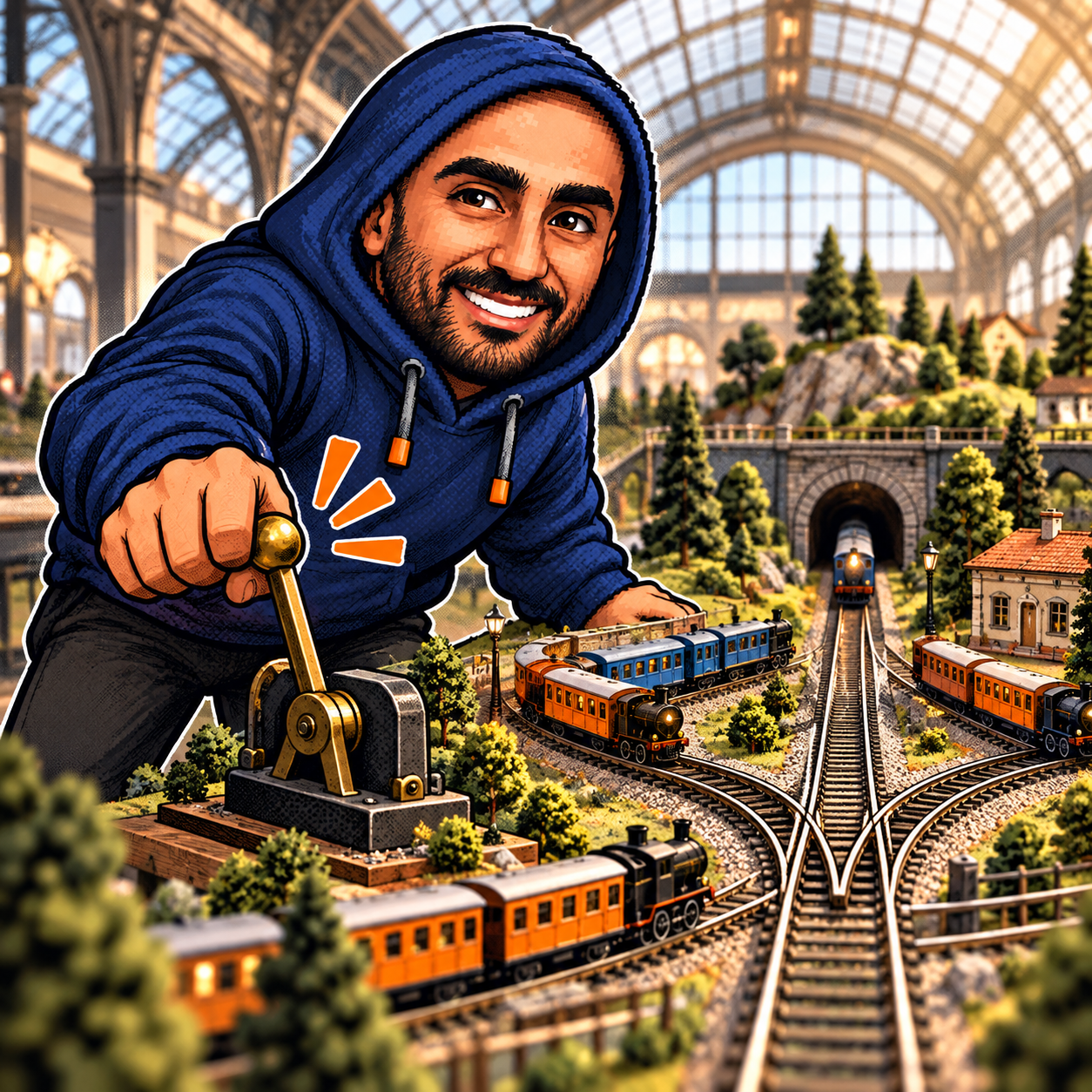 Zakaria's smiling navy-hoodie mascot operating a brass lever beside a miniature railway with converging tracks