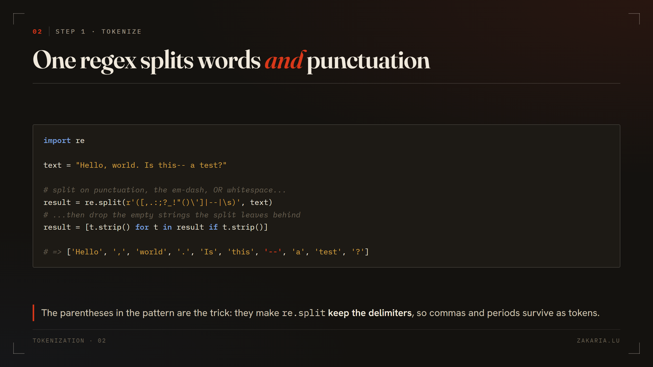 Python code splitting a sentence with re.split and a capture group, producing a list of word and punctuation tokens.