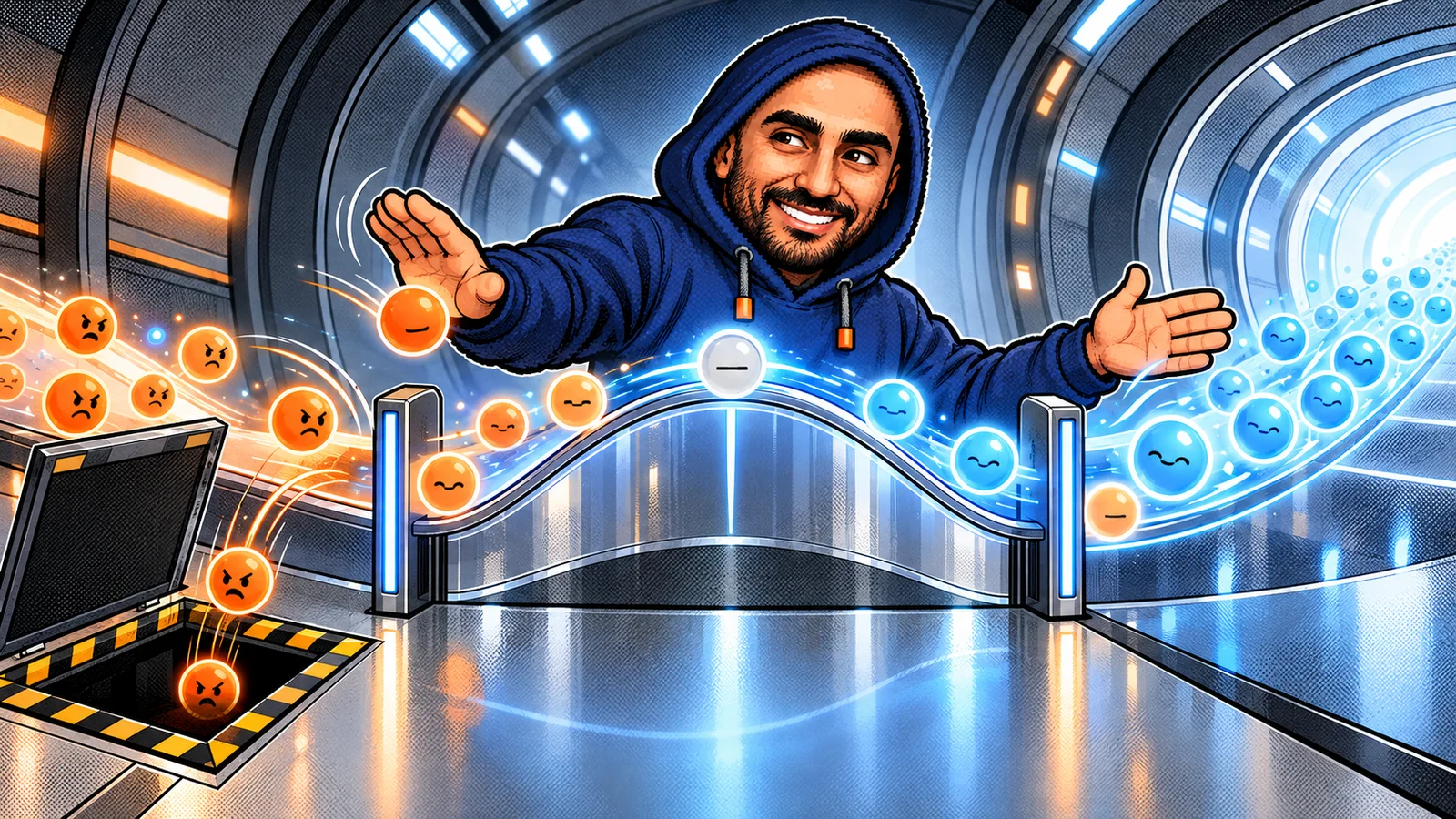 Zakaria acting as a playful gatekeeper at a smooth curved signal gate while a harsh unused trapdoor sits nearby