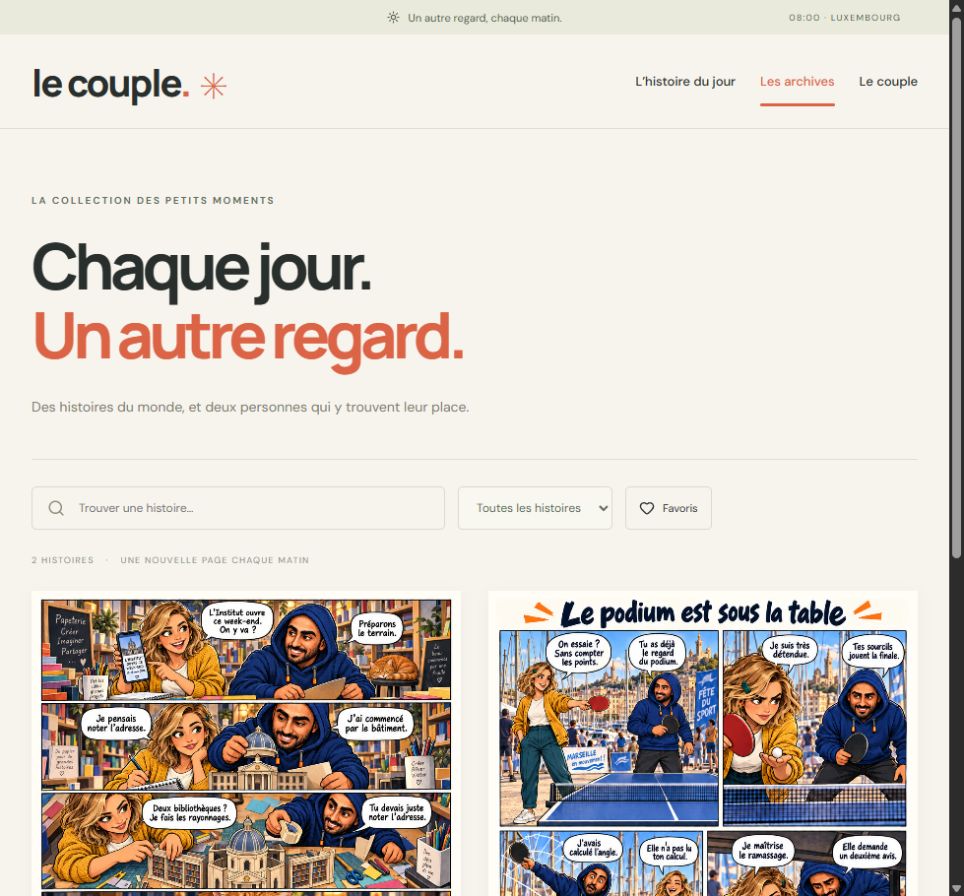 The live Le Couple archive showing its search field, category filter, favorites toggle and the two published episodes.