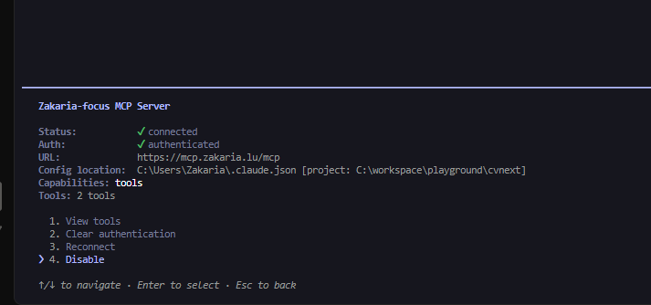 MCP server status: connected, authenticated, two tools