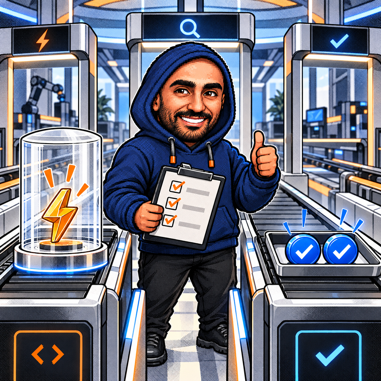 Zakaria's navy-hoodie mascot inspecting returned-result tokens and a safely contained exception at a testing station