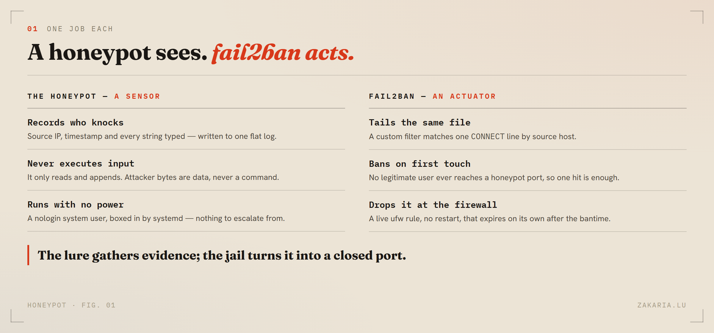 Two-column comparison: the honeypot as a sensor that records who knocks, never executes input, and runs unprivileged; fail2ban as an actuator that tails the same log, bans on first touch, and drops the IP at the firewall.