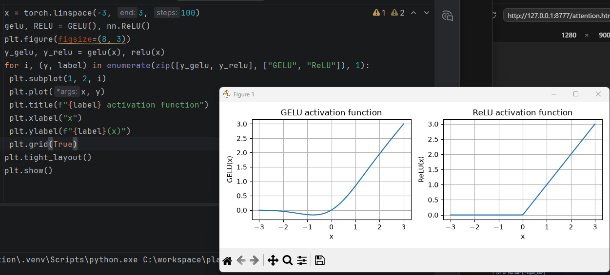 Python code sampling GELU and ReLU from negative three to positive three beside the resulting curves