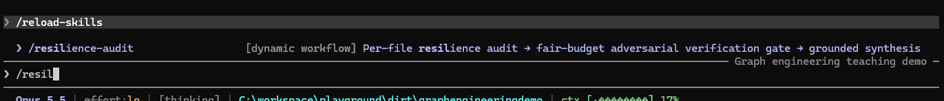 Claude Code prompt autocomplete showing /resilience-audit as a dynamic workflow after /reload-skills