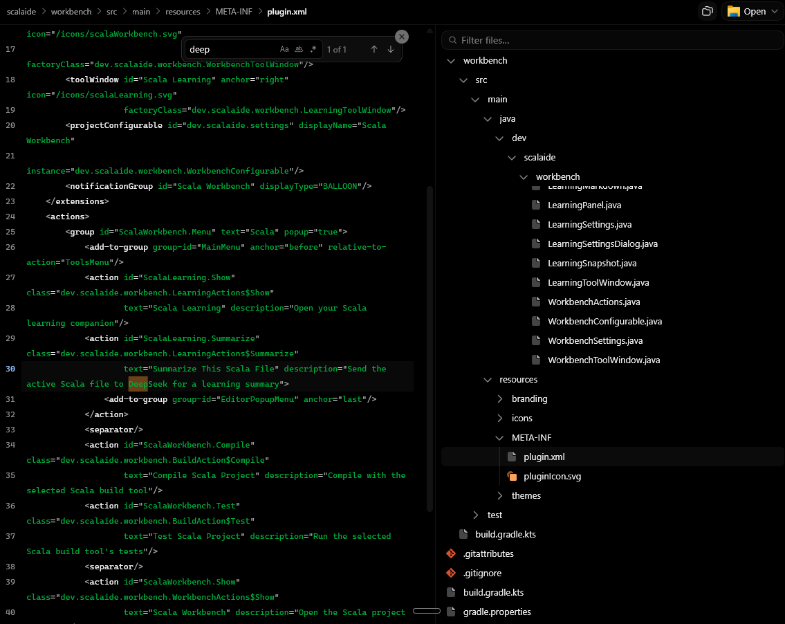 Actual plugin.xml screenshot registering the Scala Learning tool window and summarize action, beside the Java implementation files