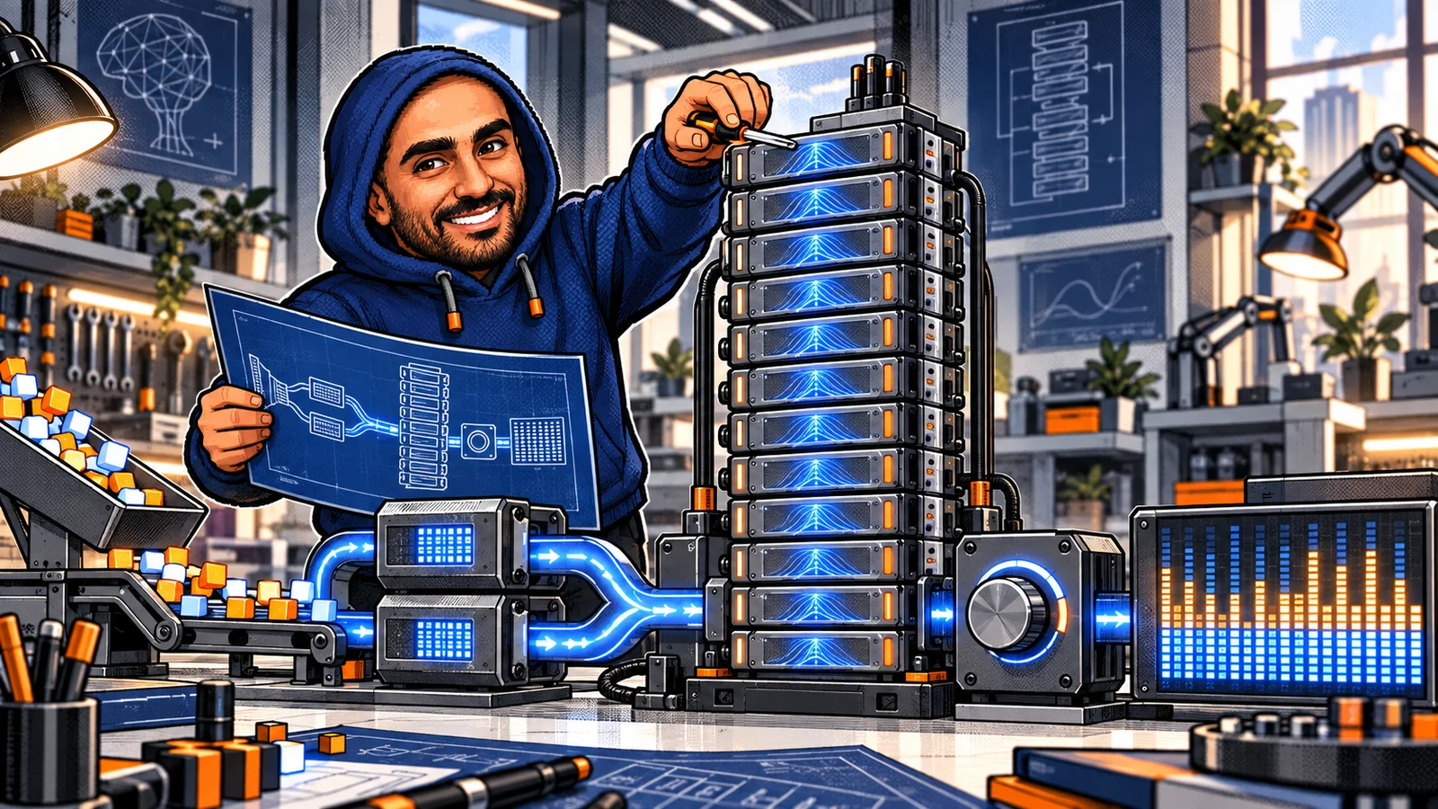 Zakaria assembling a GPT machine with embedding modules, twelve transformer blocks, final normalization, and a vocabulary output panel