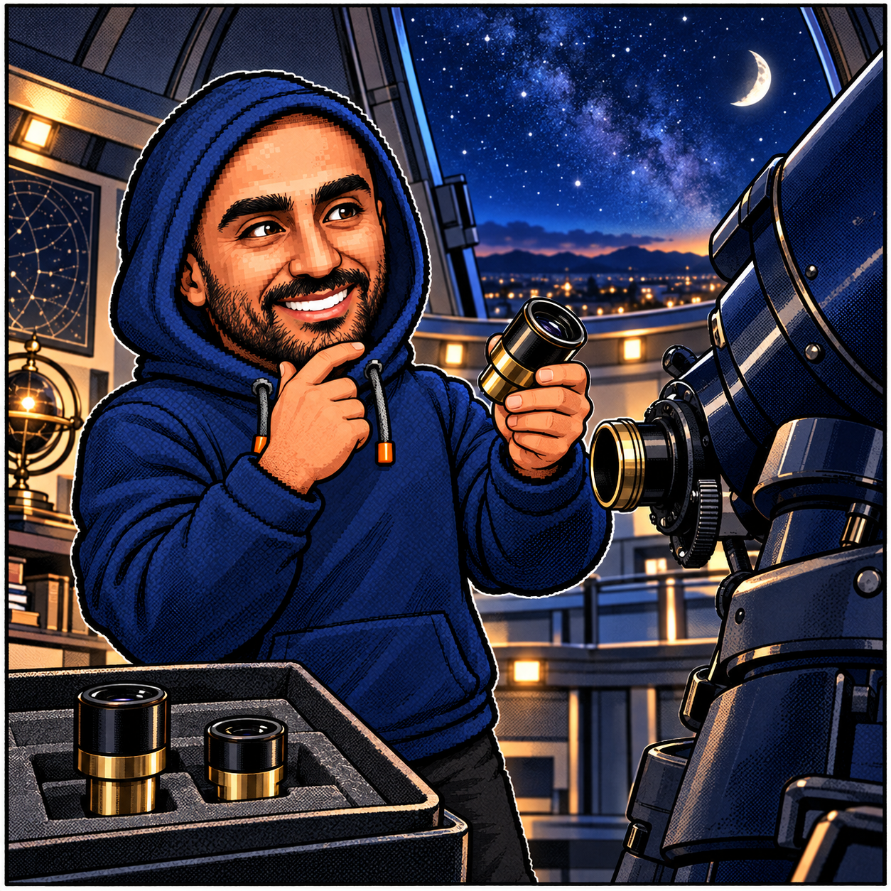 Zakaria's navy-hoodie mascot considering a telescope eyepiece beside two alternatives in an observatory