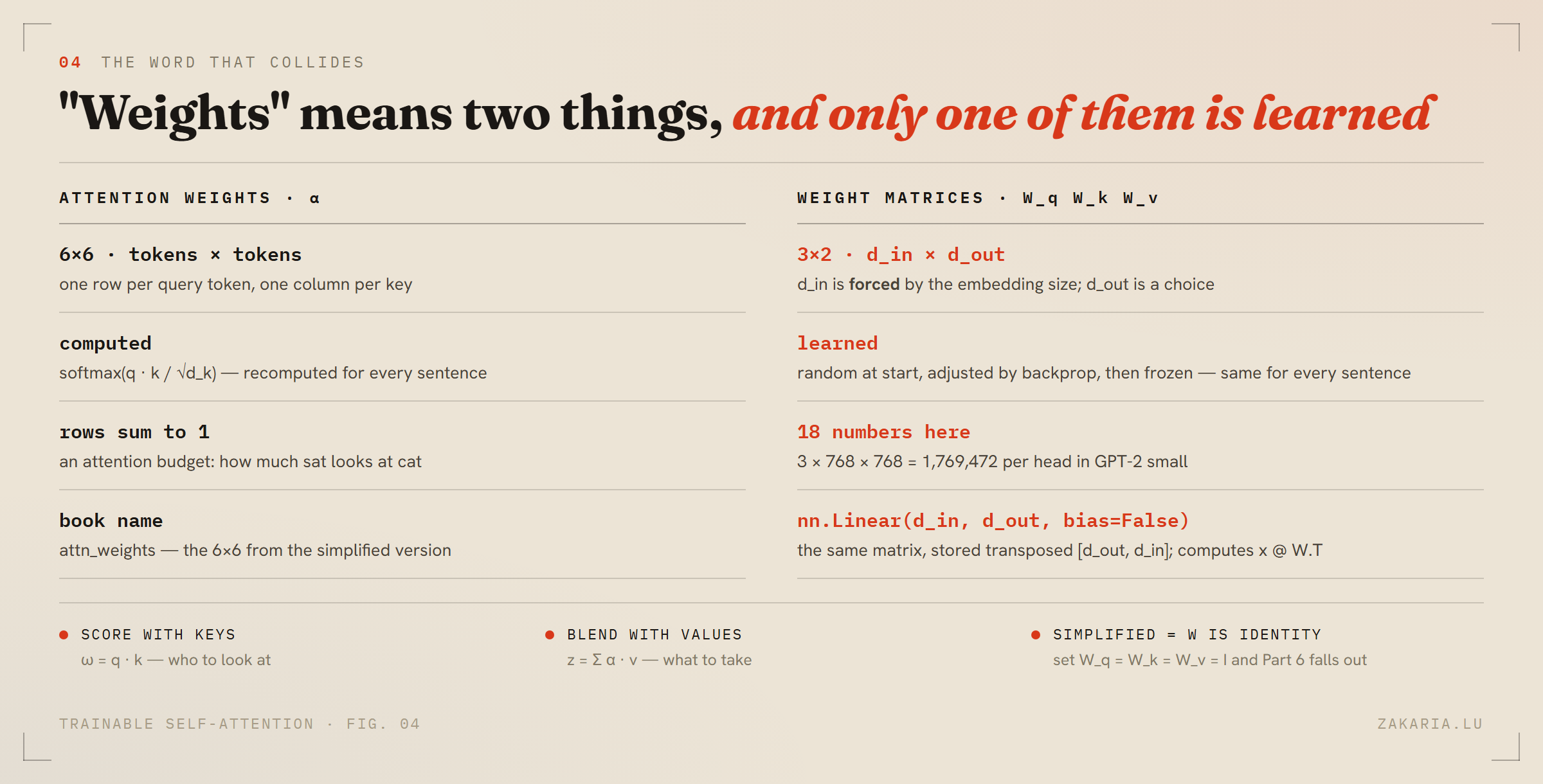 Two-column comparison: attention weights alpha are a 6 by 6 computed matrix whose rows sum to one and change per sentence; weight matrices W_q, W_k, W_v are 3 by 2 learned parameters, 18 numbers here and 1,769,472 per head in GPT-2 small, exposed in PyTorch as nn.Linear.
