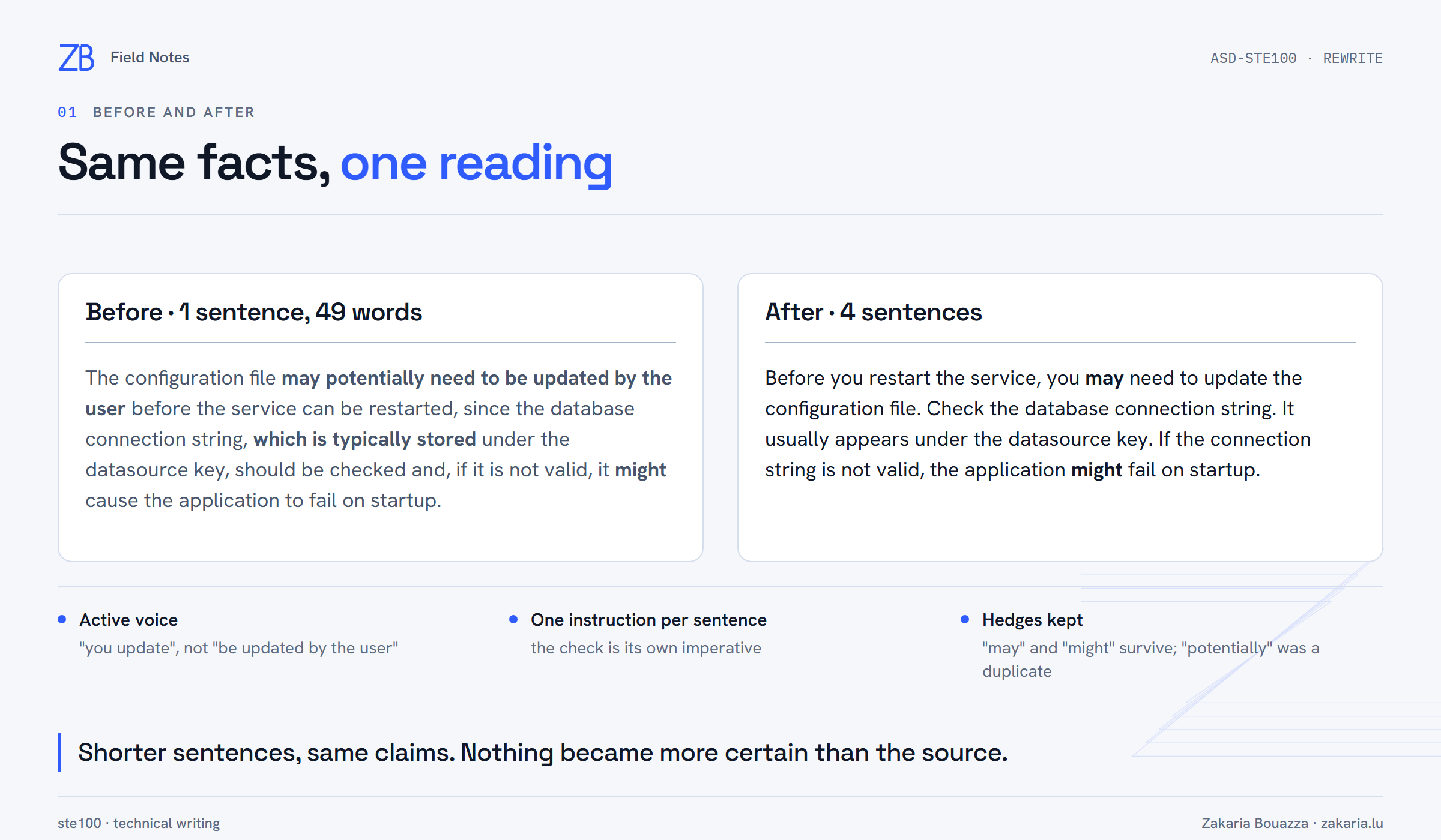 Side-by-side comparison of the 49-word original sentence and the four-sentence rewrite