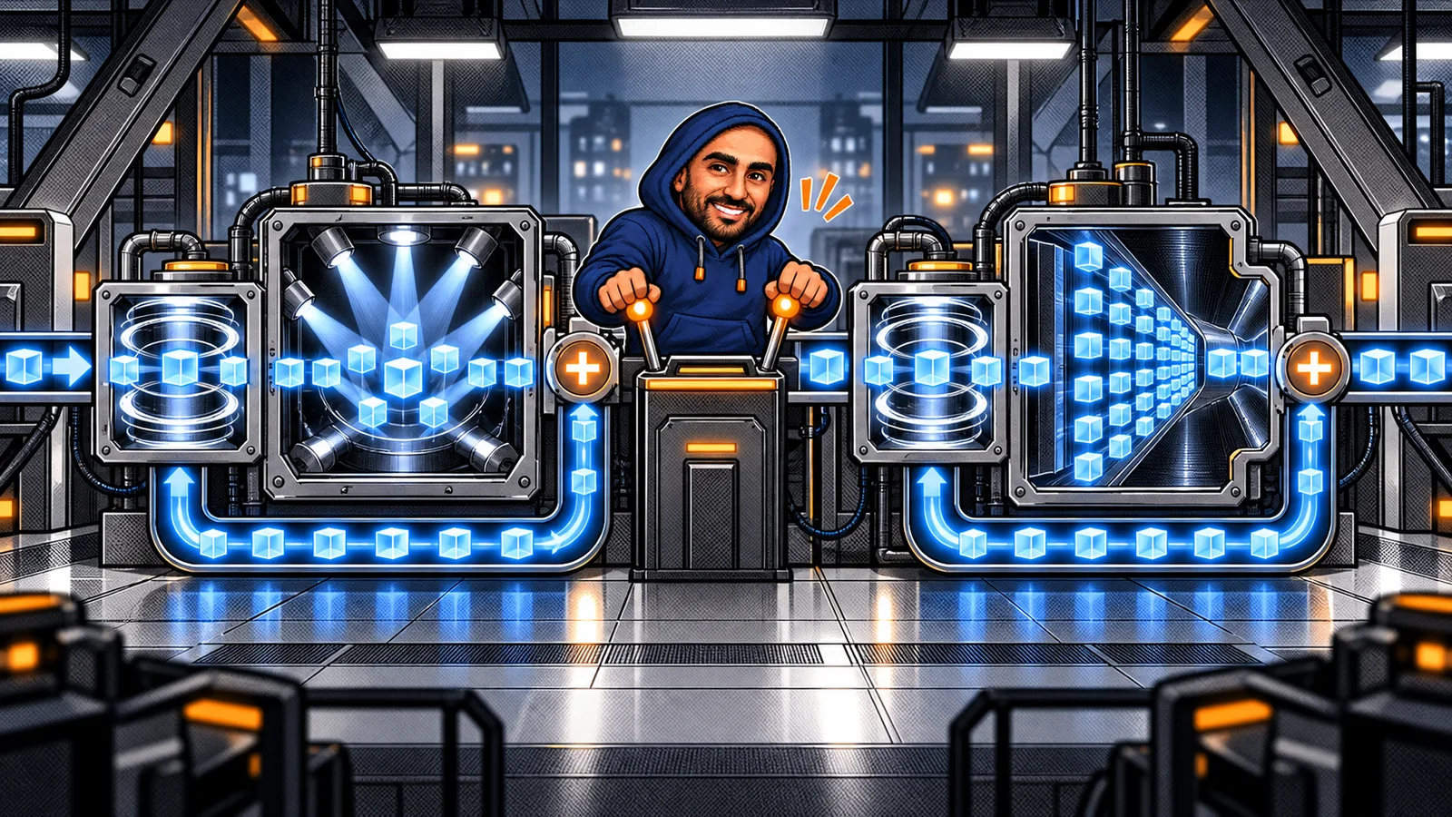 Zakaria operating a two-stage transformer machine with attention and feed-forward chambers, each wrapped by its own bypass path and addition
