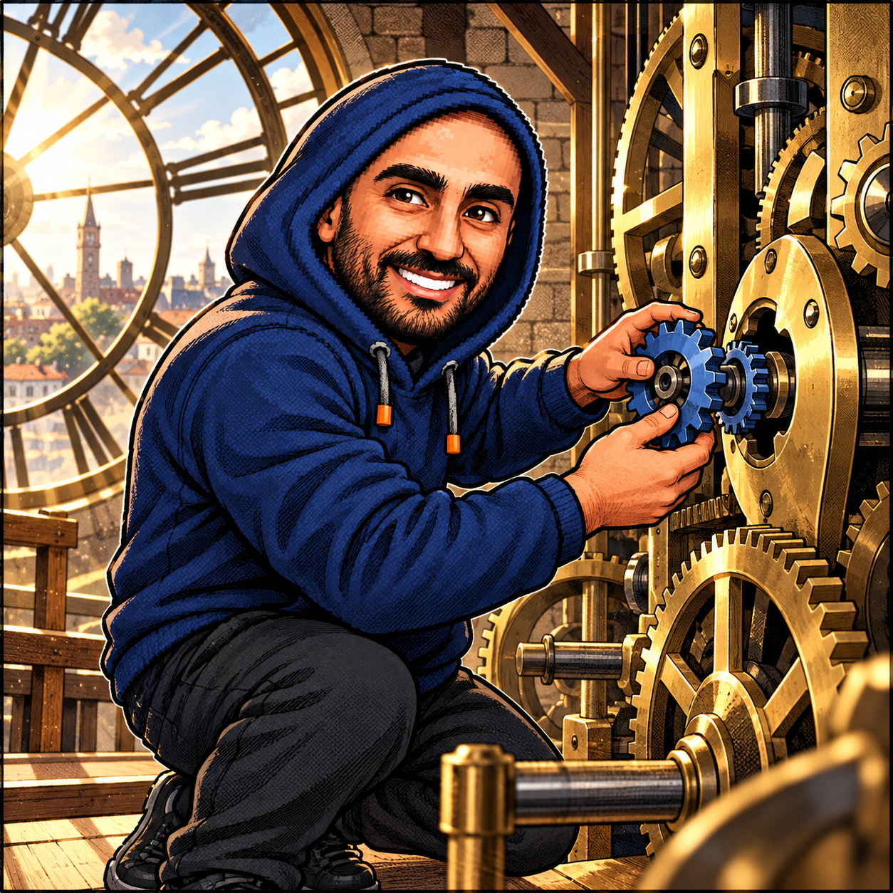 Zakaria's smiling navy-hoodie mascot fitting blue gears into a brass mechanism inside a sunlit clock tower