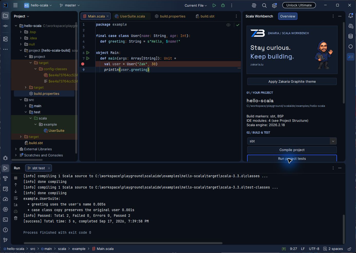 Native sbt Run console showing the two passing MUnit tests and process exit code zero