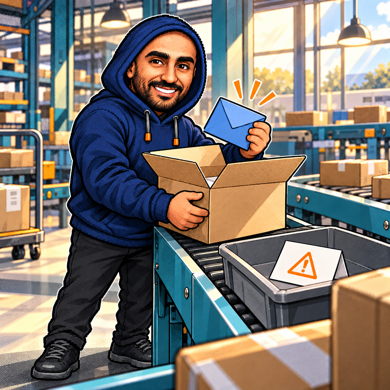 Zakaria’s navy-hoodie mascot at a parcel depot, holding an envelope beside a tray with an explanatory warning note.