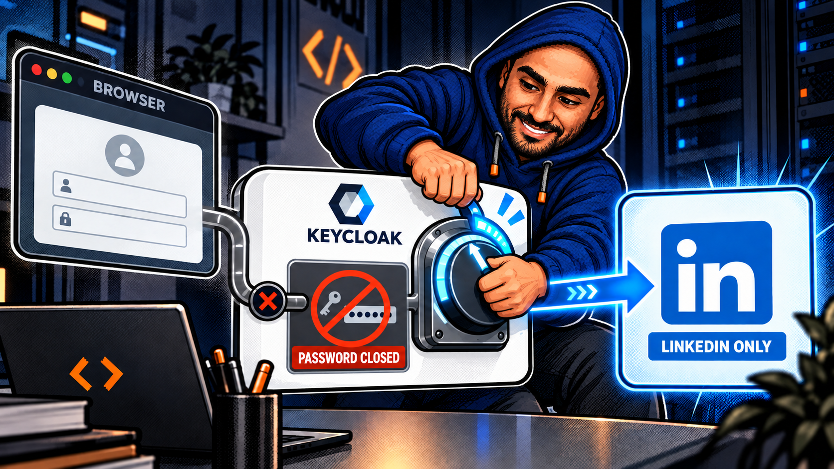 Zakaria turning a Keycloak routing dial away from a blocked password path and toward LinkedIn only