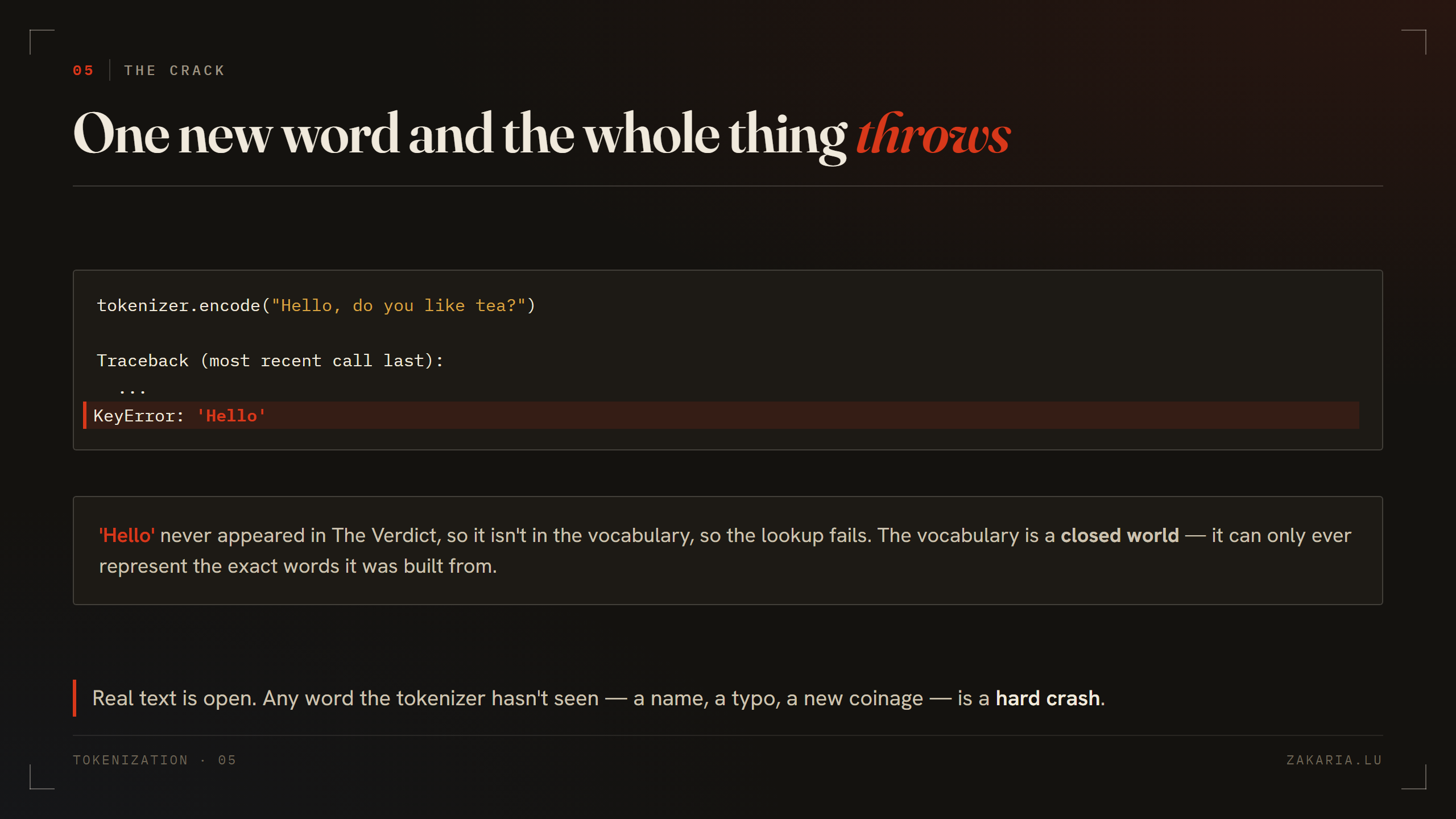 A Python traceback ending in KeyError: 'Hello' after calling encode on a sentence with an unseen word.