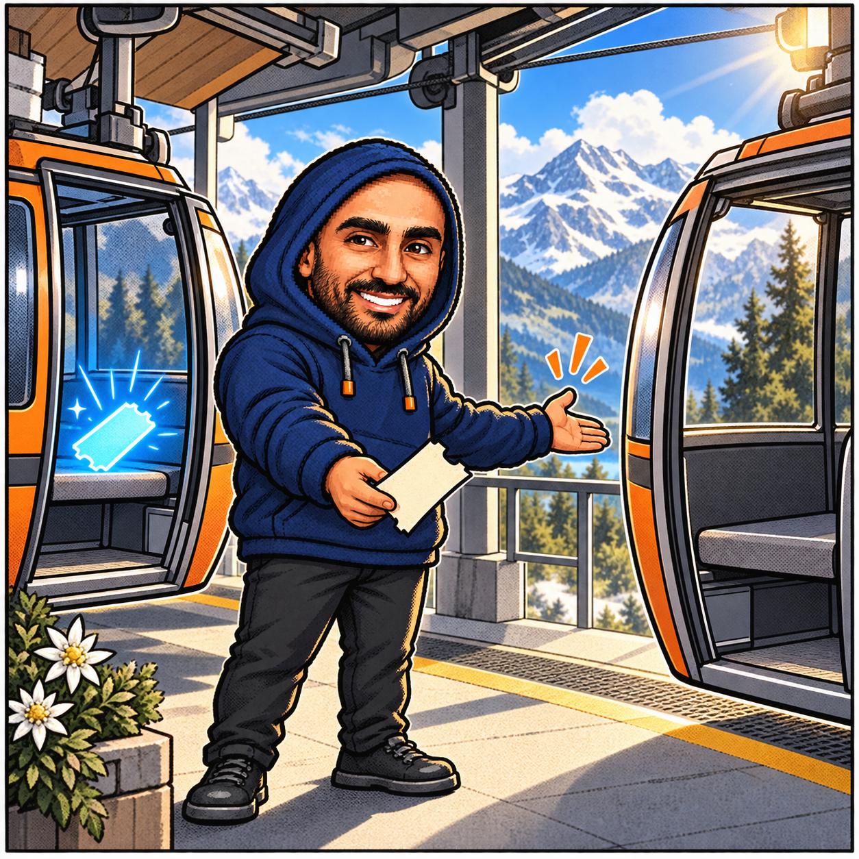 Zakaria's navy-hoodie mascot at an alpine cable-car station, with a ticket in one gondola, an empty gondola, and a spare ticket in his hand
