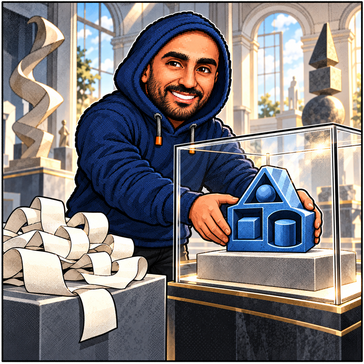 Zakaria's navy-hoodie mascot arranging a structured object beside loose paper strips