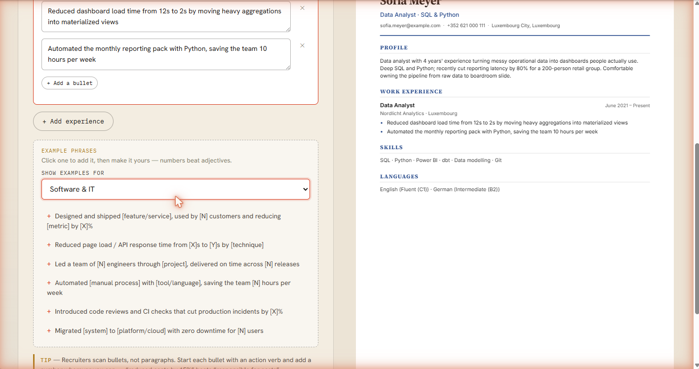 Experience step with example phrases drawer and the live preview updating