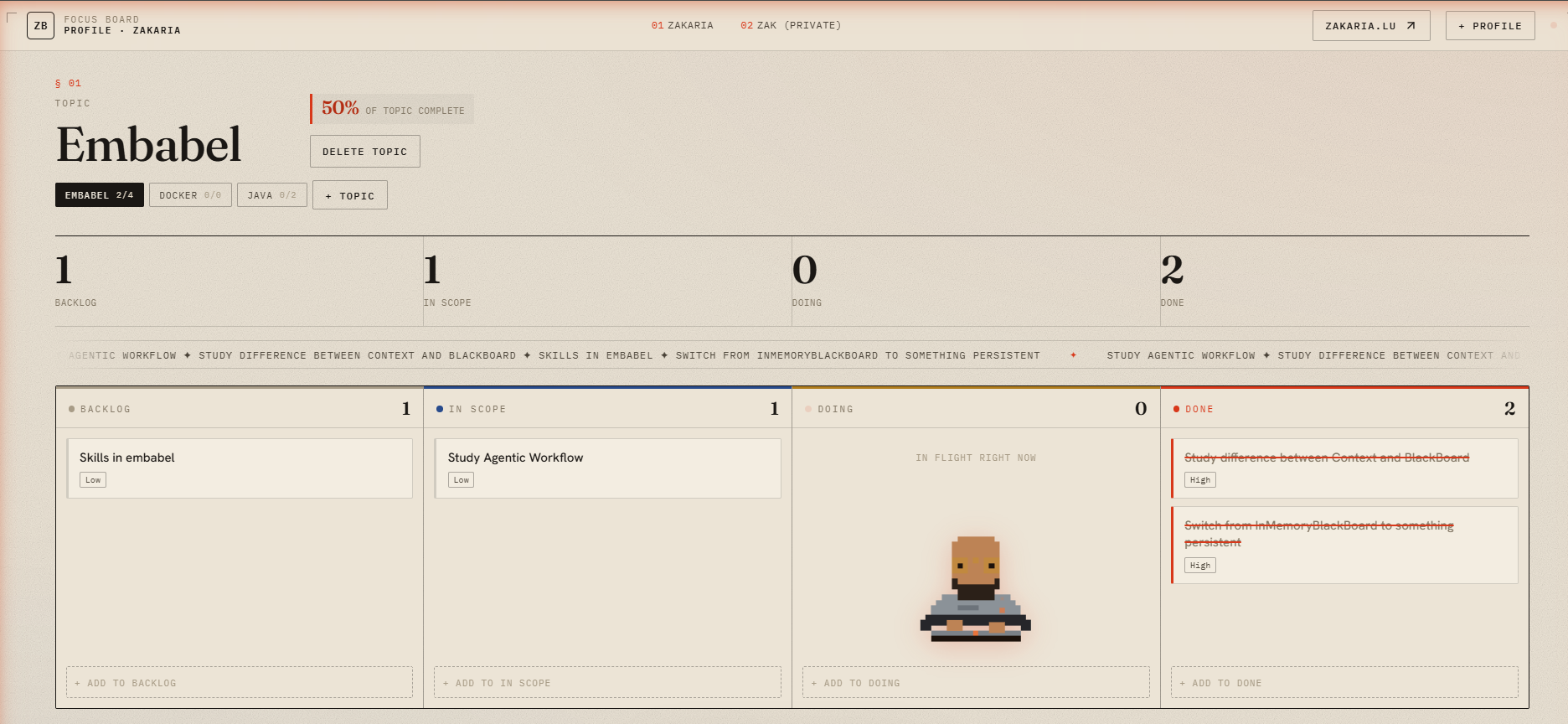 The FOCUS kanban board: an Embabel topic at 50% complete, with Backlog, In Scope, Doing and Done columns.
