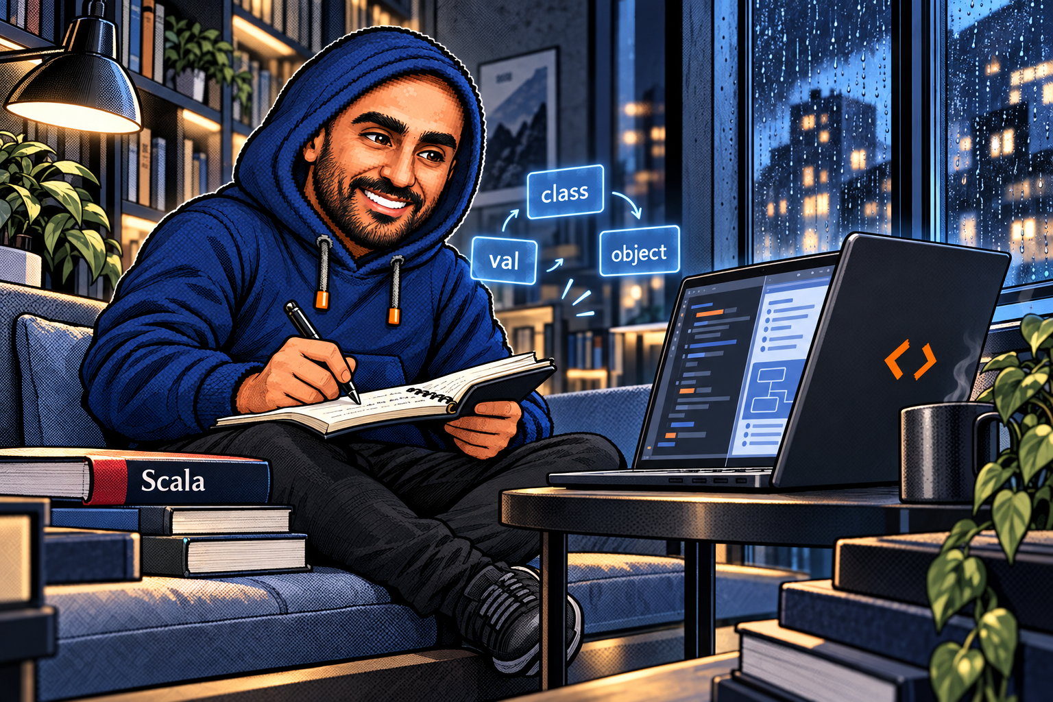 Illustration of Zakaria's navy-hoodie mascot studying Scala with a notebook and laptop in a library