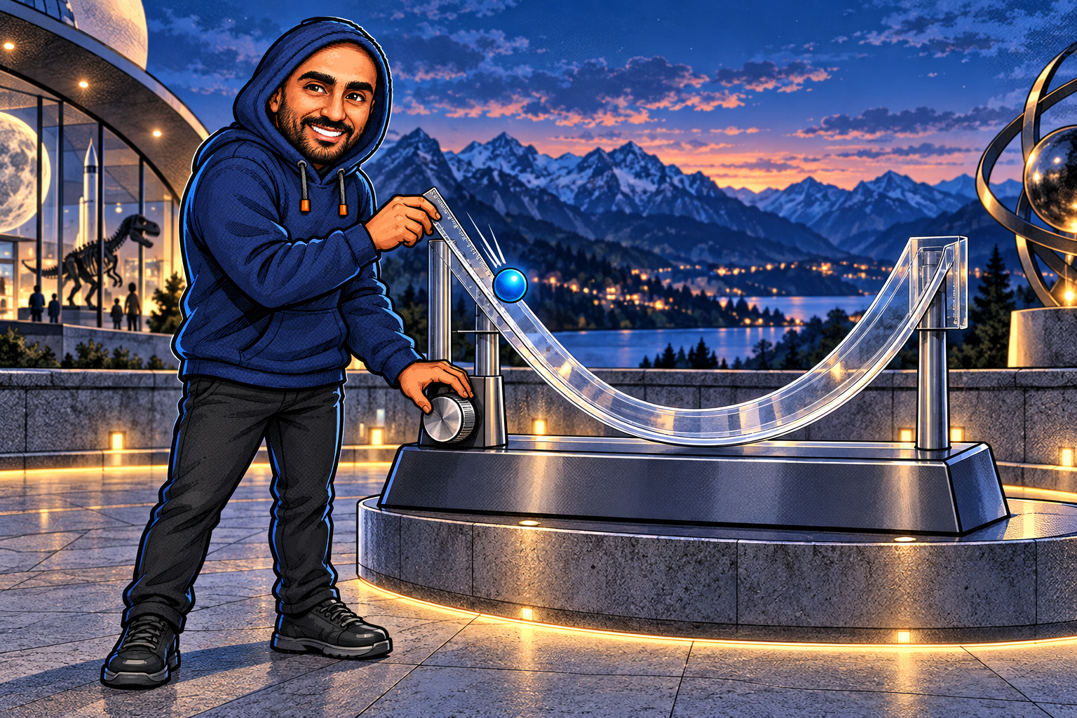 Zakaria's navy-hoodie mascot examining the slope of a curved museum exhibit beside a blue ball