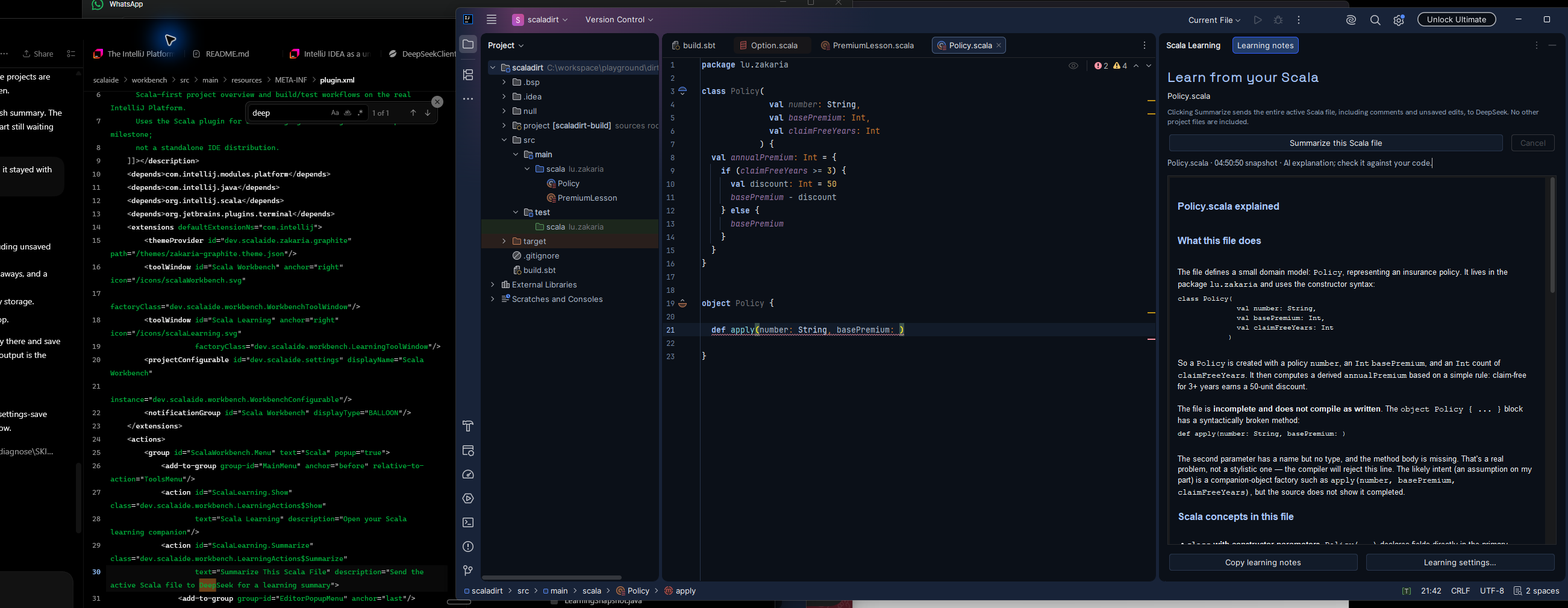 Actual desktop screenshot showing Policy.scala and an English DeepSeek explanation in the Scala Learning tool window