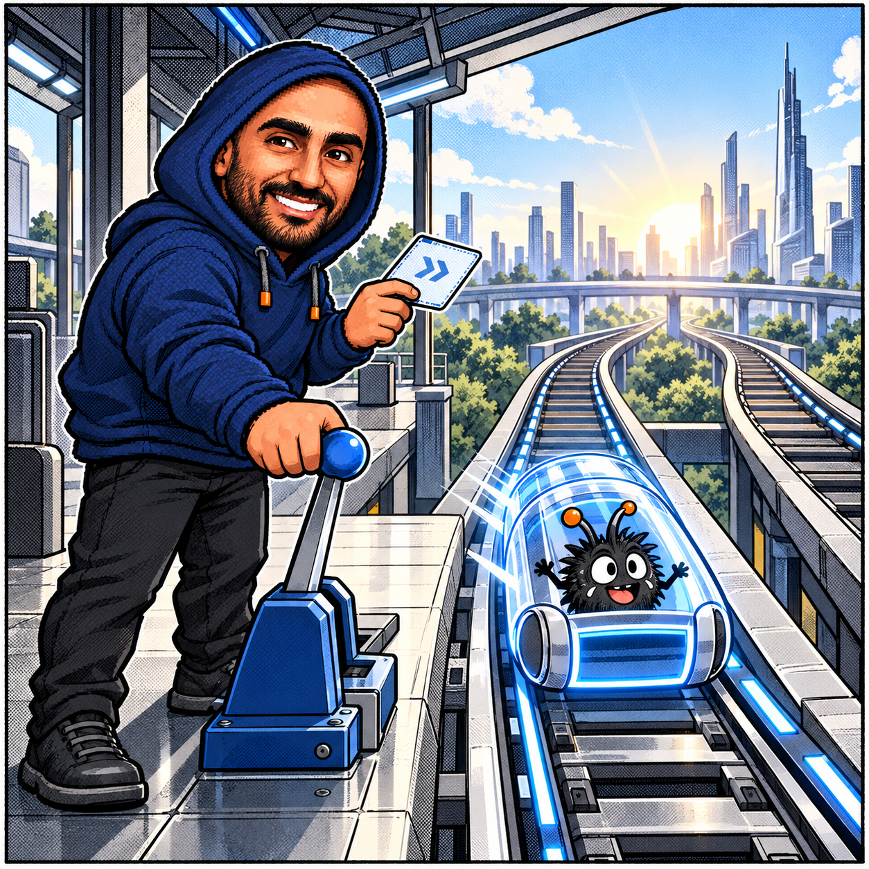 Zakaria's navy-hoodie mascot dispatches a blue capsule along a railway track while holding its ticket
