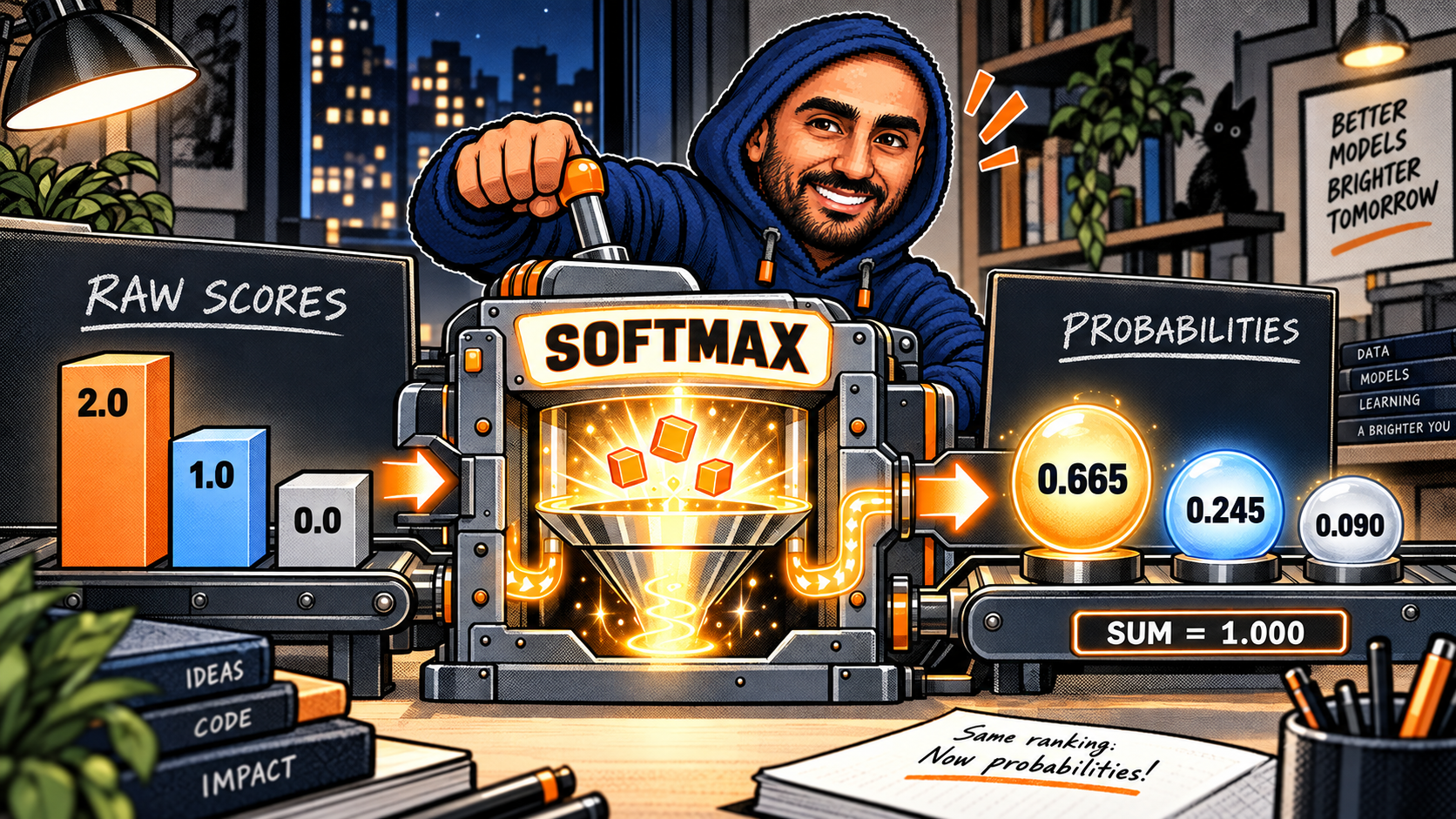 Zakaria operating a softmax machine that converts raw scores 2.0, 1.0 and 0.0 into probabilities 0.665, 0.245 and 0.090 that sum to one