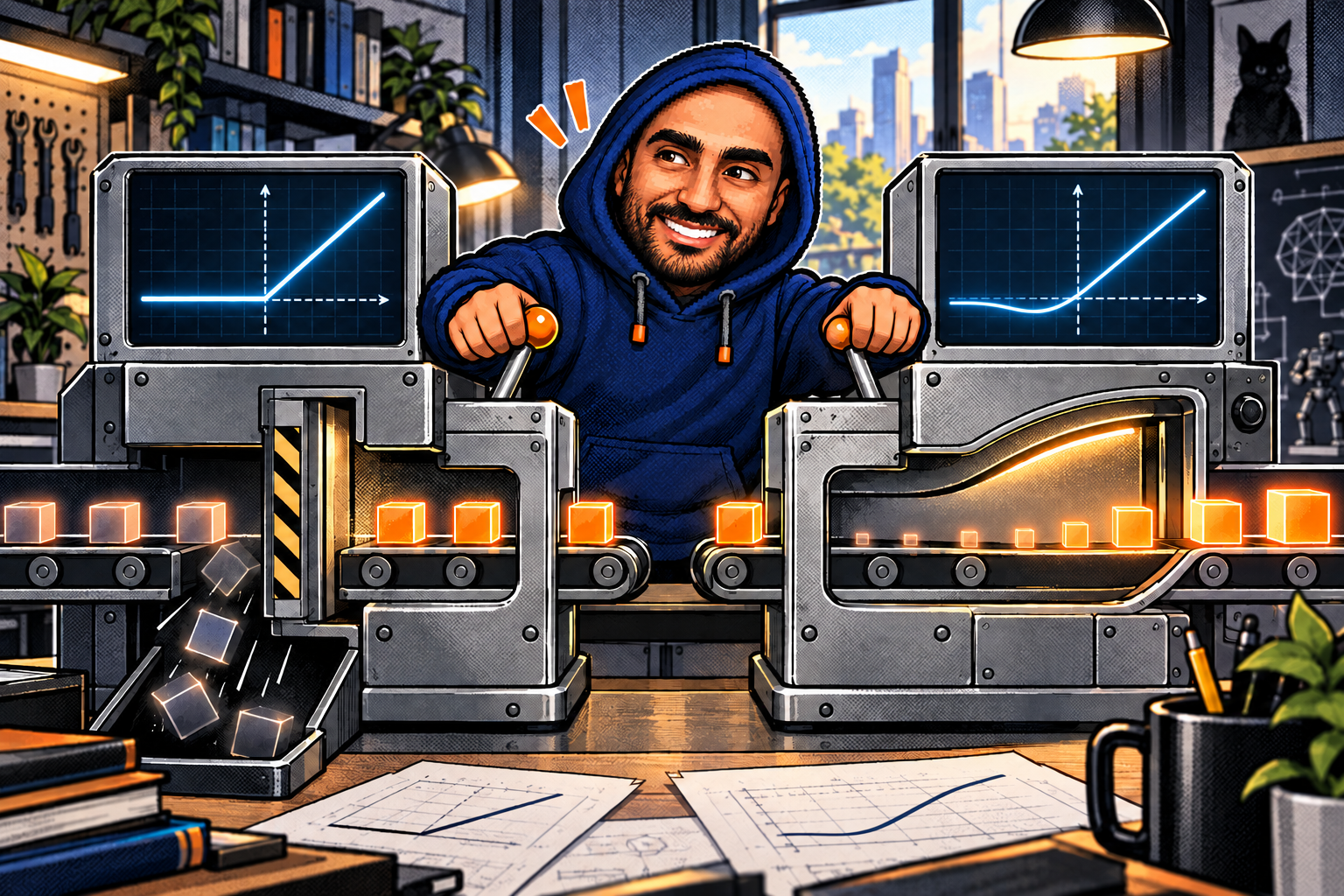 Zakaria in a navy hoodie operating a hard ReLU cutoff machine and a smooth GELU attenuation machine