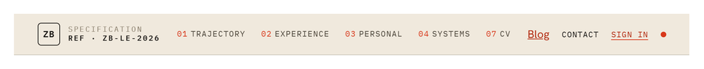 The site masthead: boxed ZB monogram, numbered nav, contact and sign-in actions