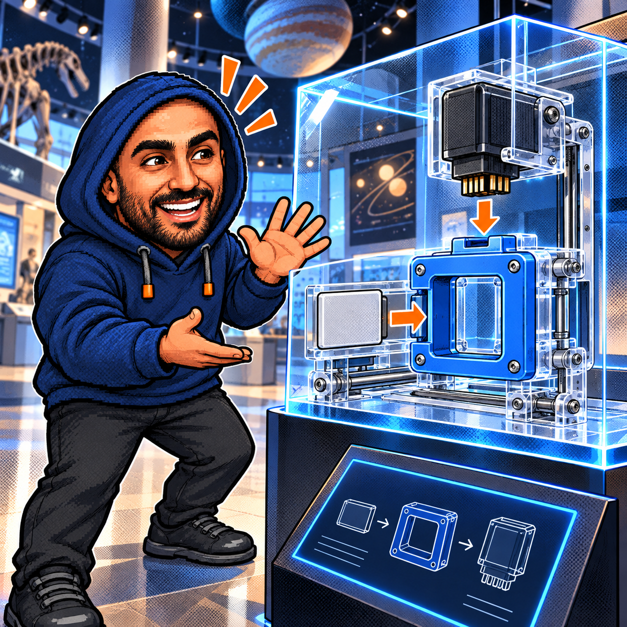 Zakaria's navy-hoodie mascot excitedly examines a transparent exhibit with a wrapper frame and a separate dependency cartridge