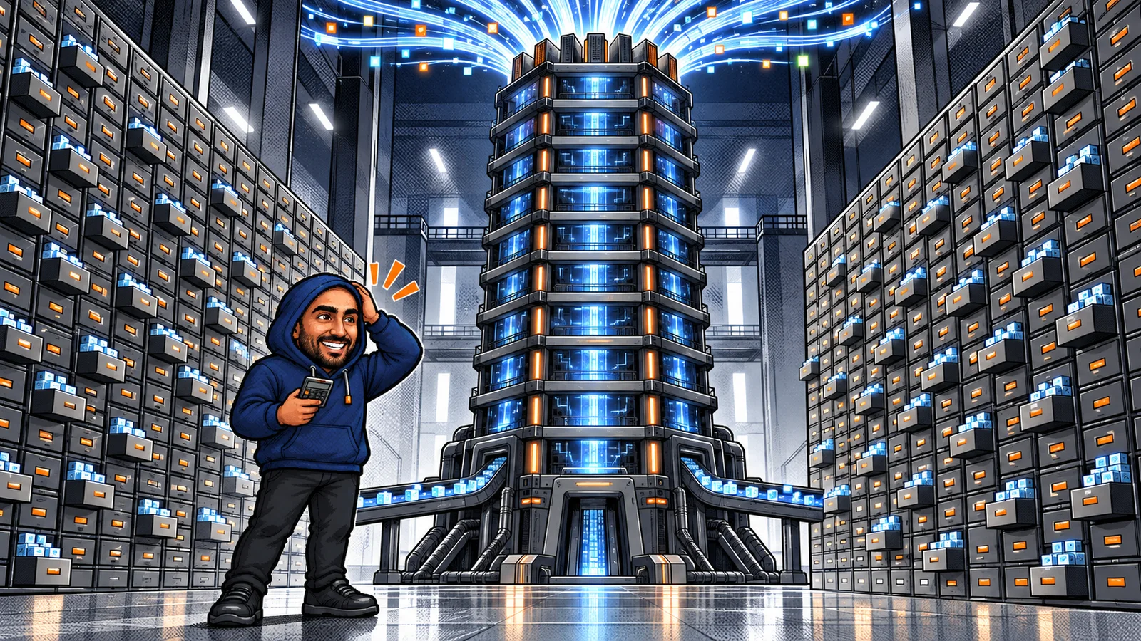 Zakaria holding a tiny calculator between a twelve-floor GPT tower and two enormous matching walls of embedding drawers