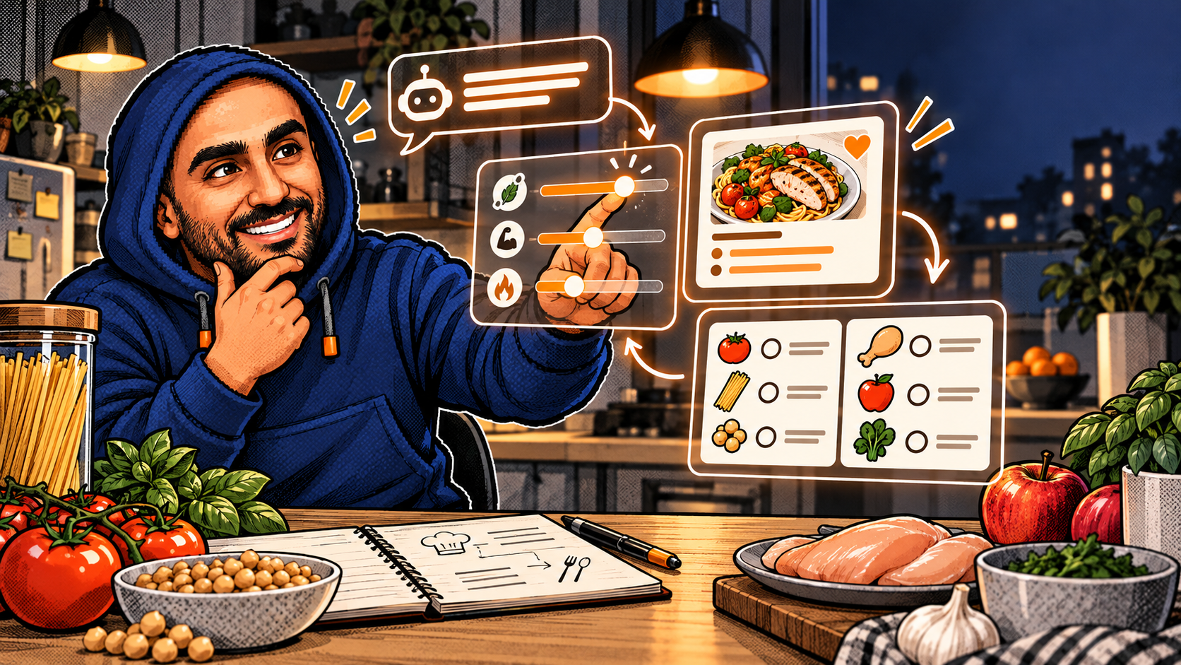 Illustration of Zakaria in a navy hoodie adjusting controls for a dinner planner at a kitchen table