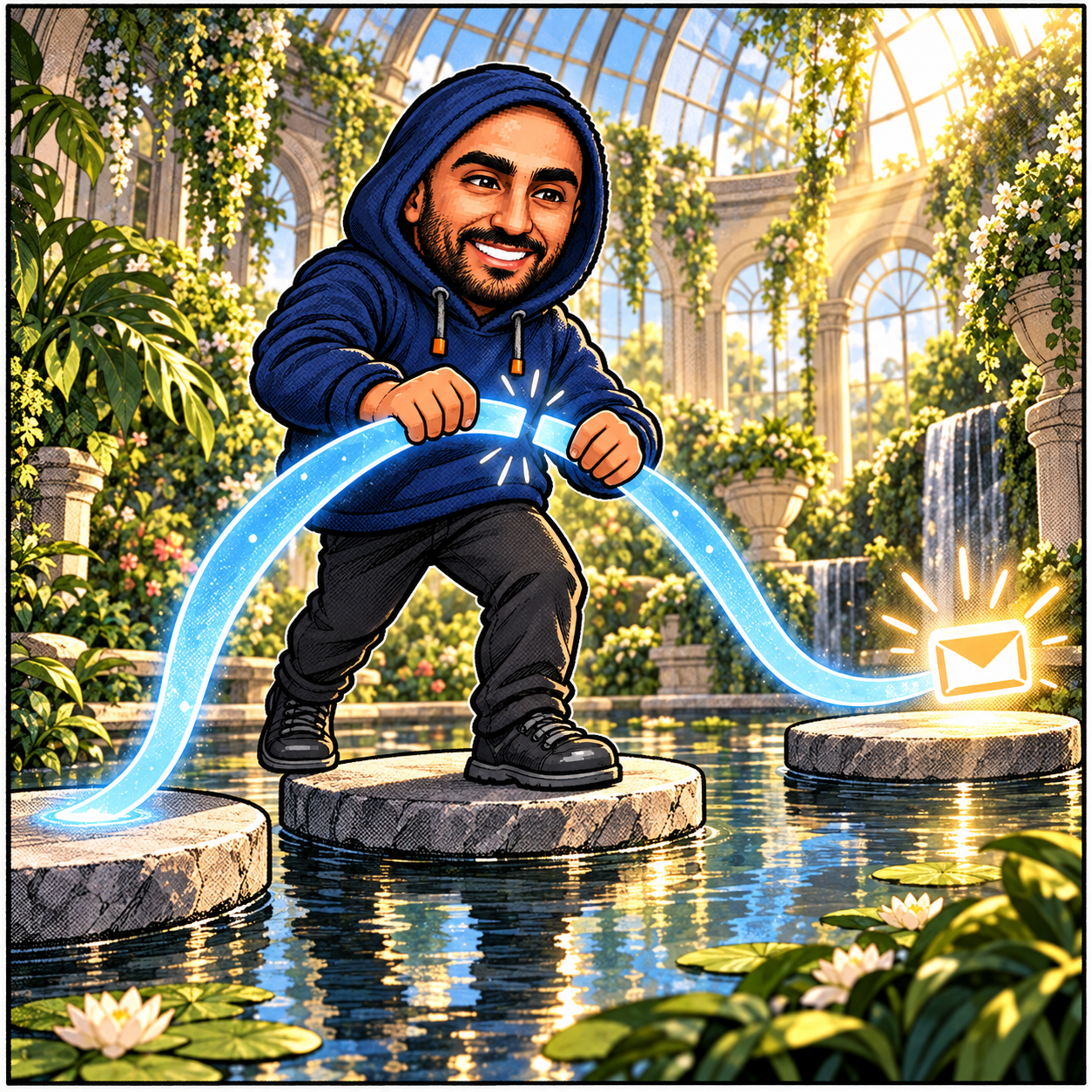 Zakaria's smiling navy-hoodie mascot connecting glowing blue path segments across stepping stones in a sunlit conservatory, leading toward an envelope