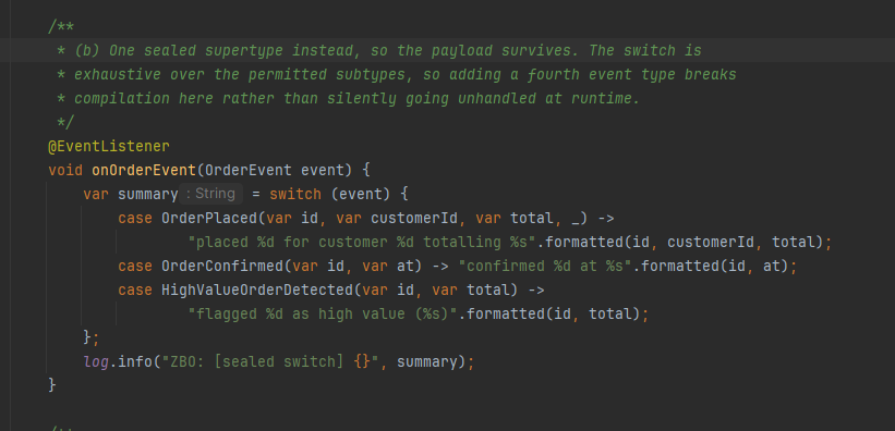 IDE screenshot of an @EventListener method switching exhaustively over the sealed OrderEvent type, with record deconstruction patterns for OrderPlaced, OrderConfirmed and HighValueOrderDetected, an unnamed underscore for the ignored component, and the IDE showing the switch expression resolving to String